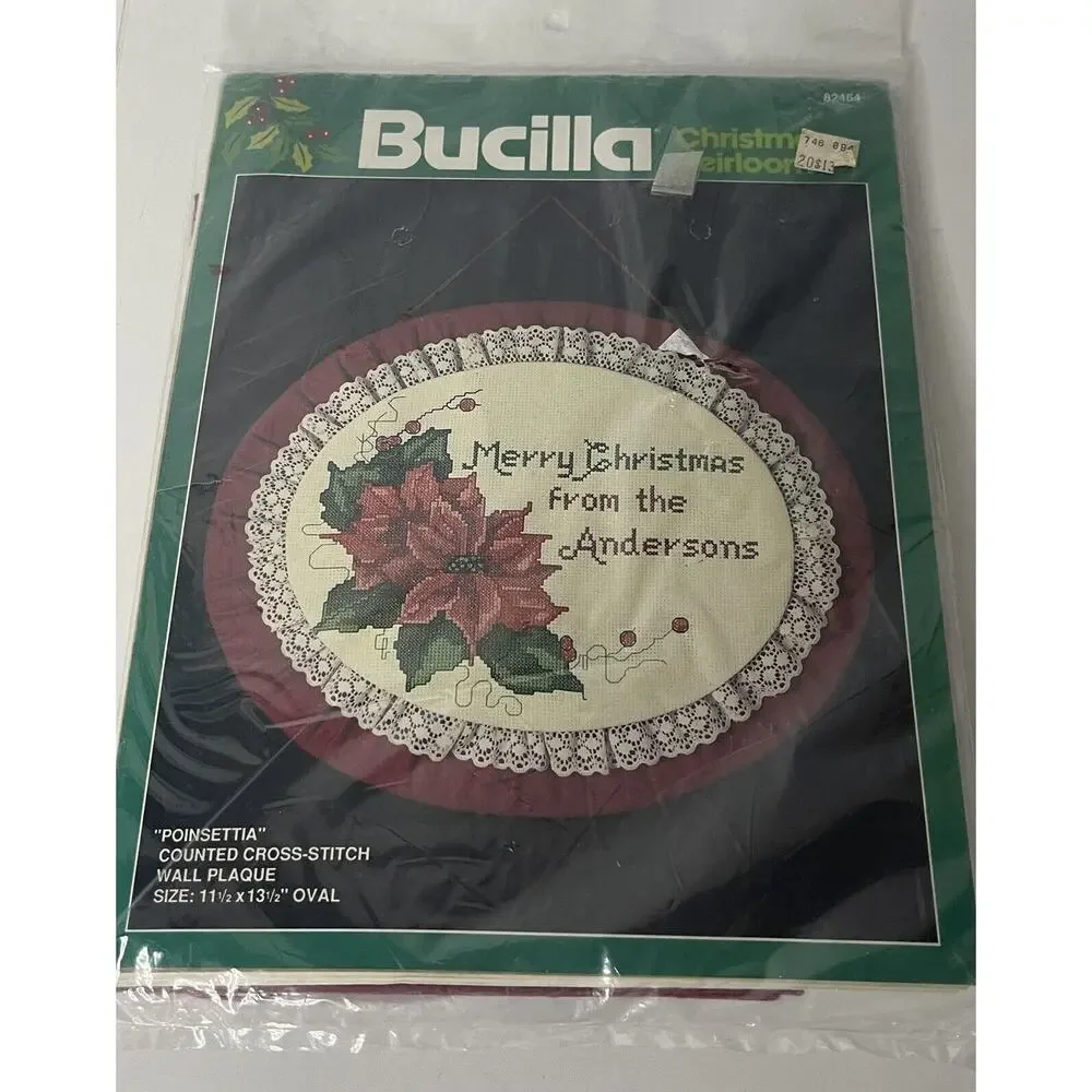 Bucilla Christmas Heirloom Poinsettia Wall Plaque Crewel/Cross Stitch Kit 82464